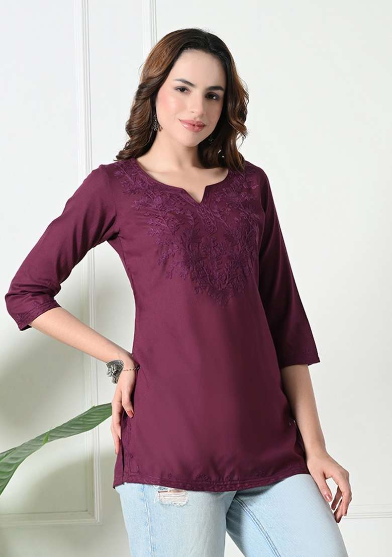 Burgundy Embroidered Cotton Kurta - Indya