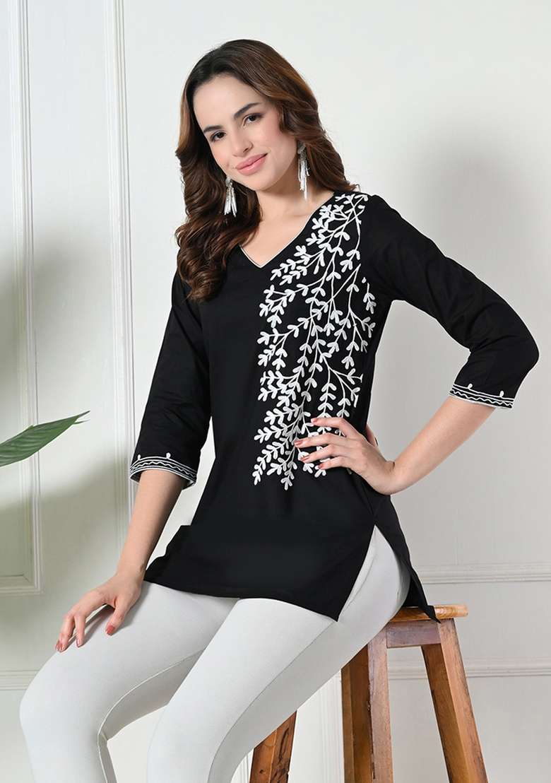 Black Chikankari Cotton Kurta - Indya