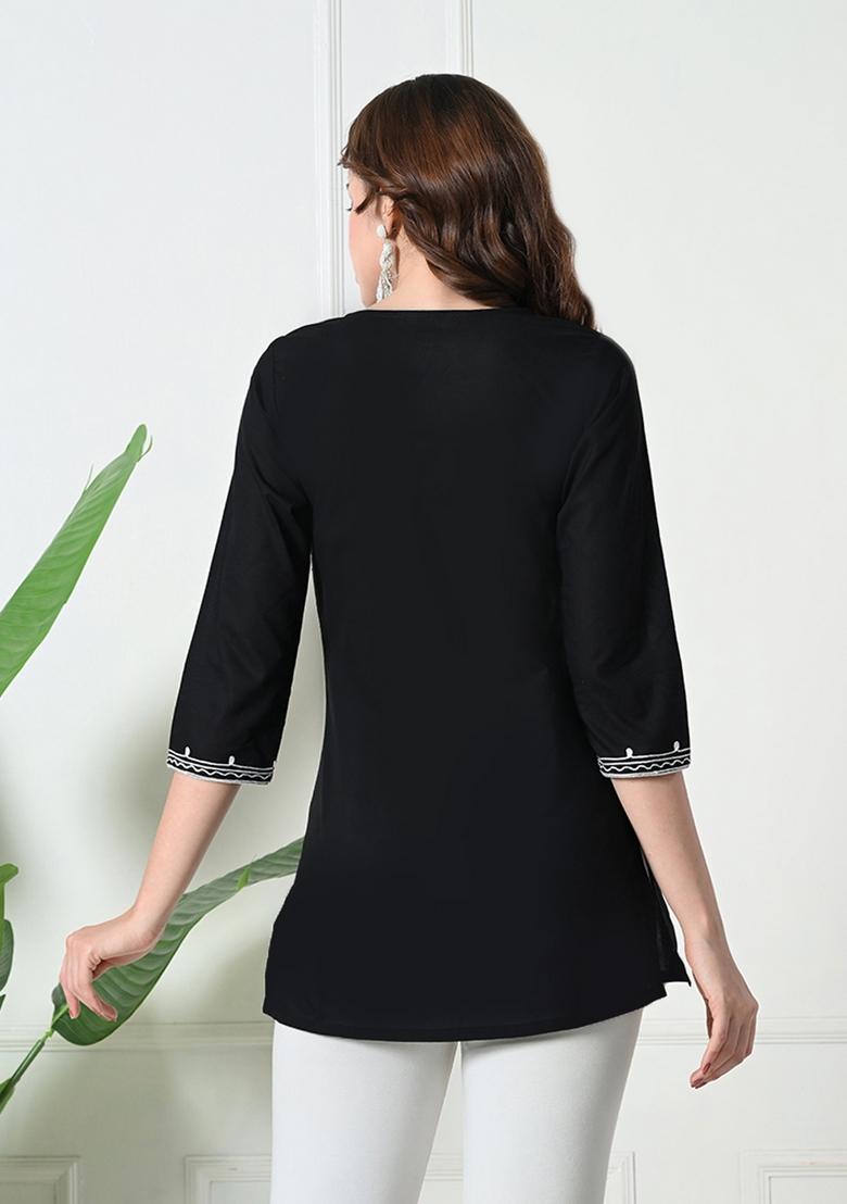 Black Embroidery Cotton Kurti - Indya