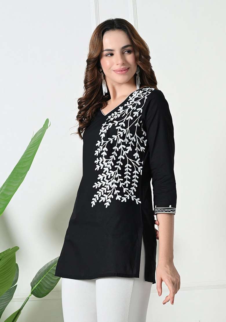 Black Chikankari Cotton Kurta - Indya
