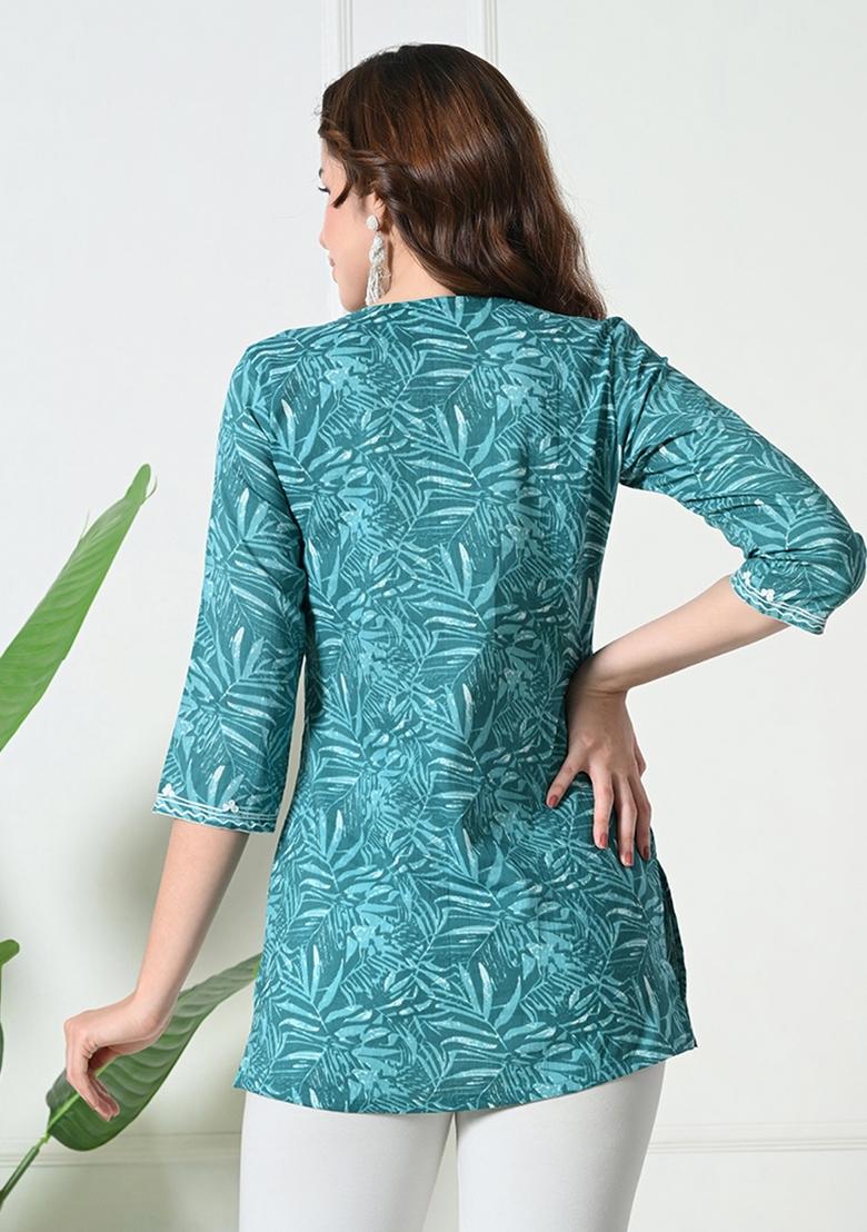 Blue Embroidery Cotton Kurti - Indya