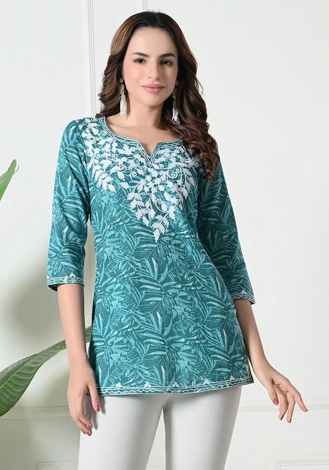 Blue Embroidery Cotton Kurti