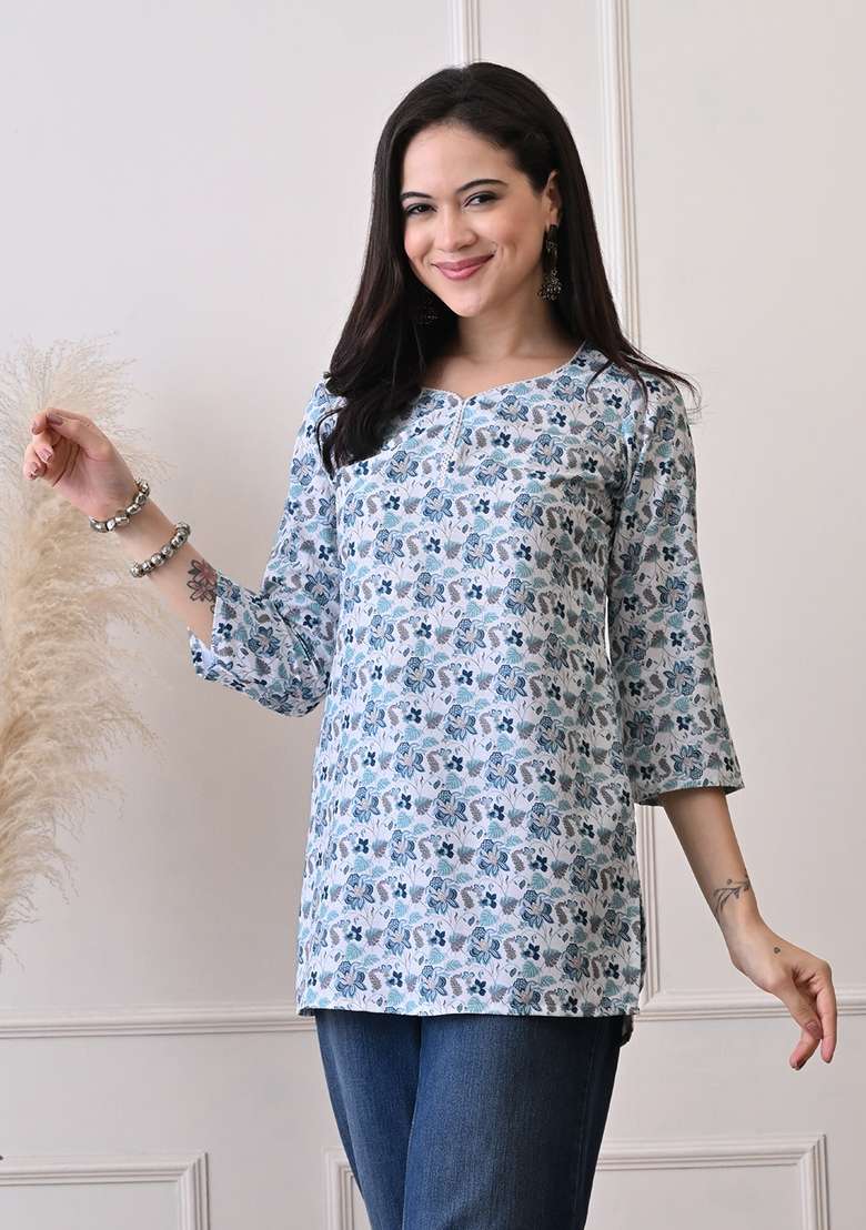 White Floral Print Cotton Kurta - Indya