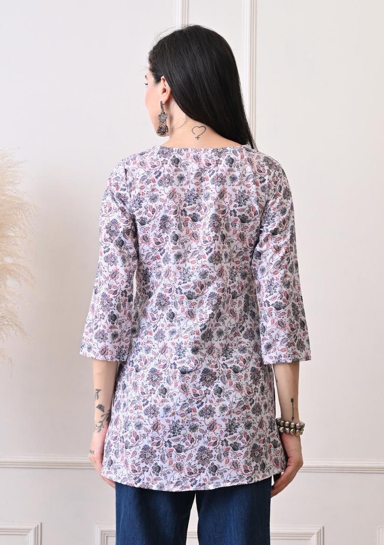 White Embroidery Cotton Kurti - Indya