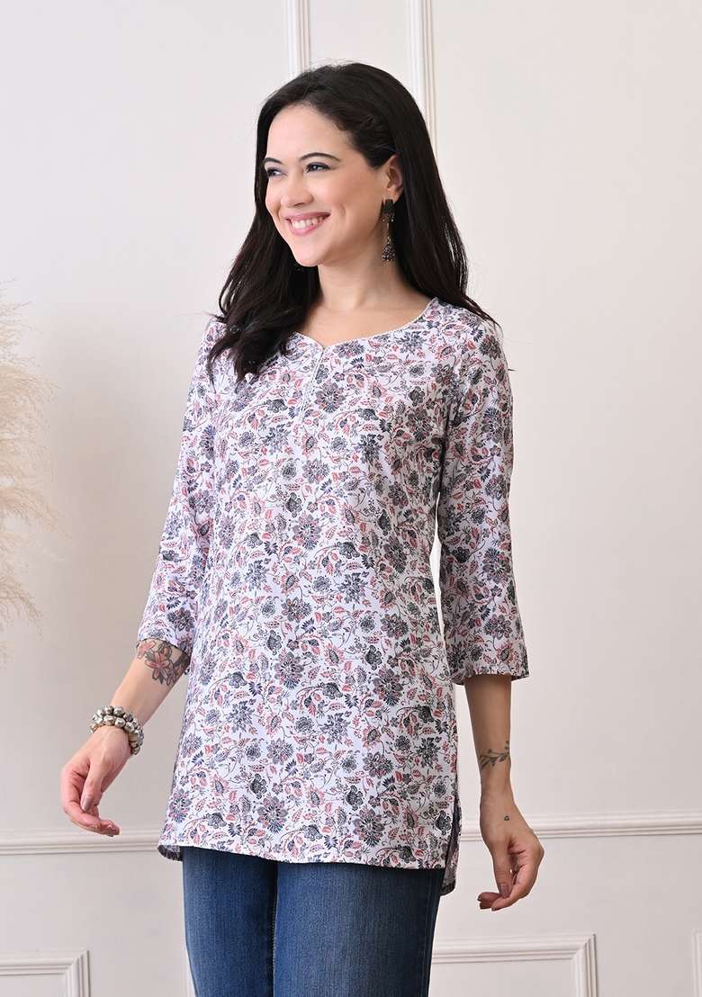 White Floral Print Cotton Kurta - Indya