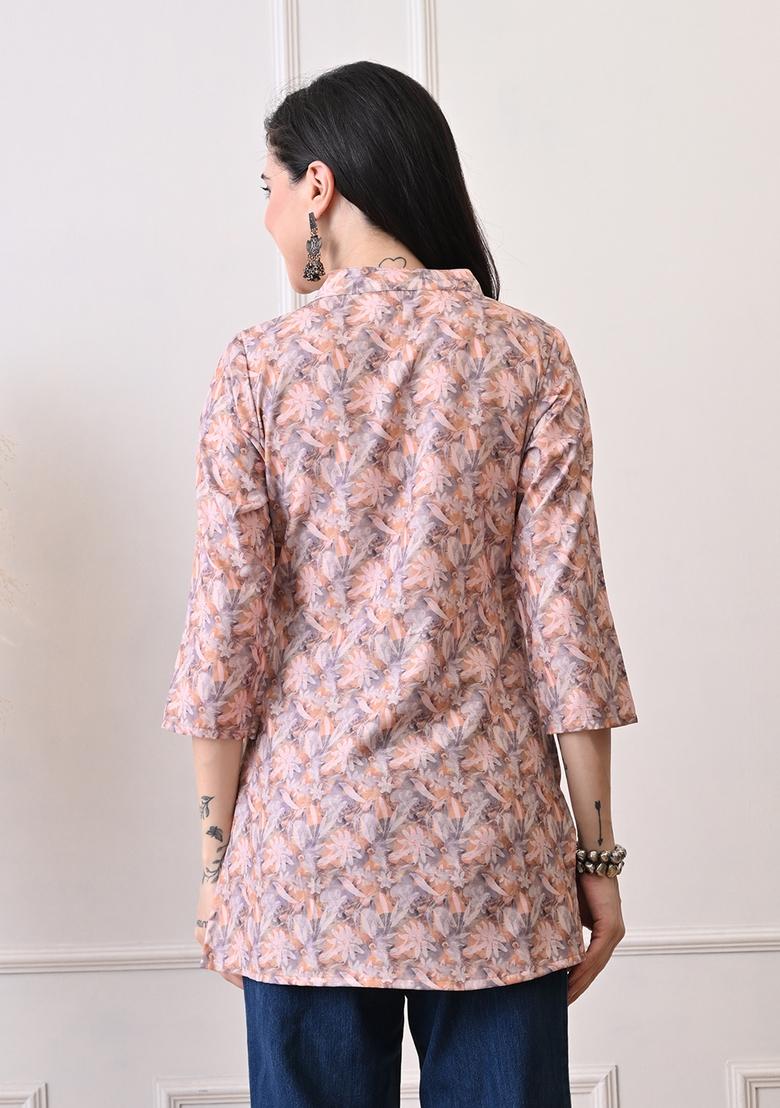 Peach Embroidery Cotton Kurti - Indya