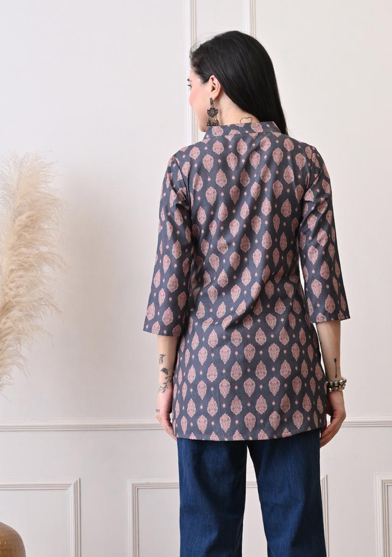 Black Embroidery Cotton Kurti - Indya