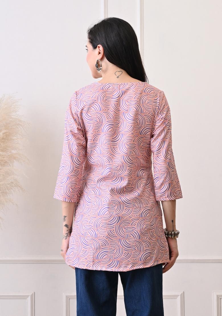 Peach Embroidery Cotton Kurti - Indya