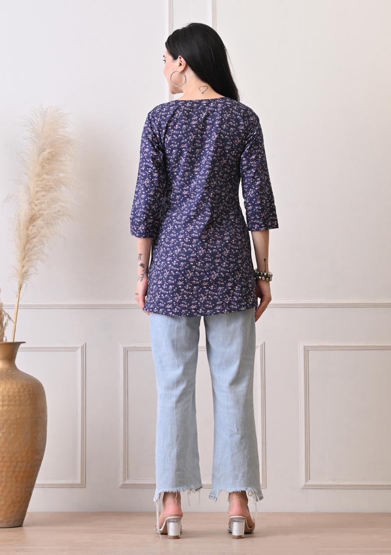 Blue Embroidery Cotton Kurti - Indya