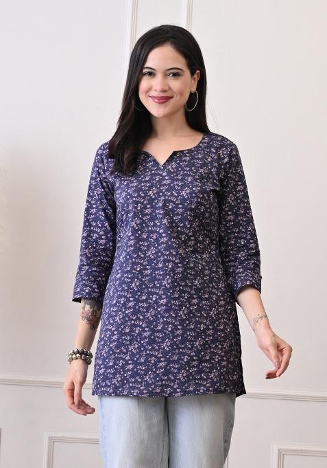 Blue Embroidery Cotton Kurti