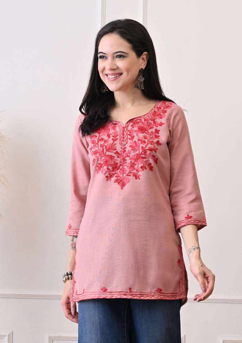 Peach Embroidered Cotton Kurta - Indya
