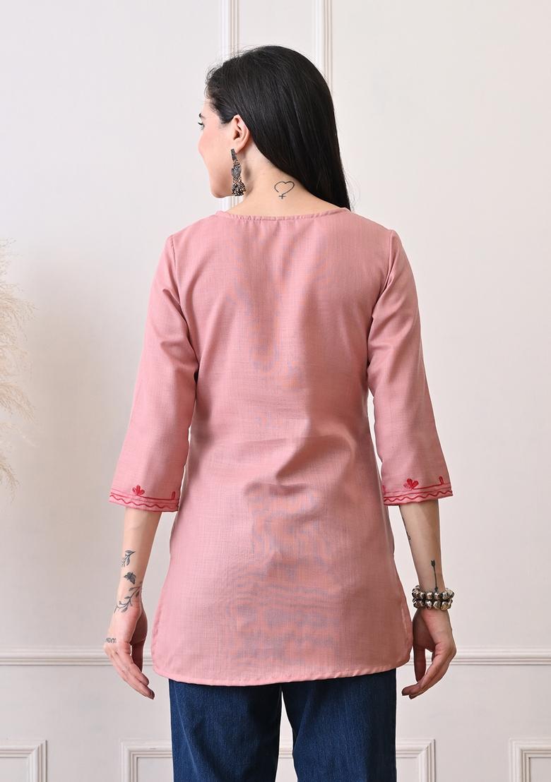Peach Embroidery Cotton Kurti - Indya
