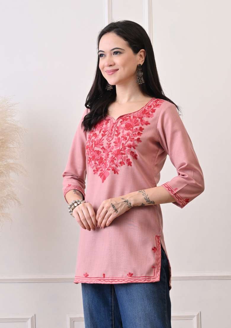 Peach Embroidered Cotton Kurta - Indya