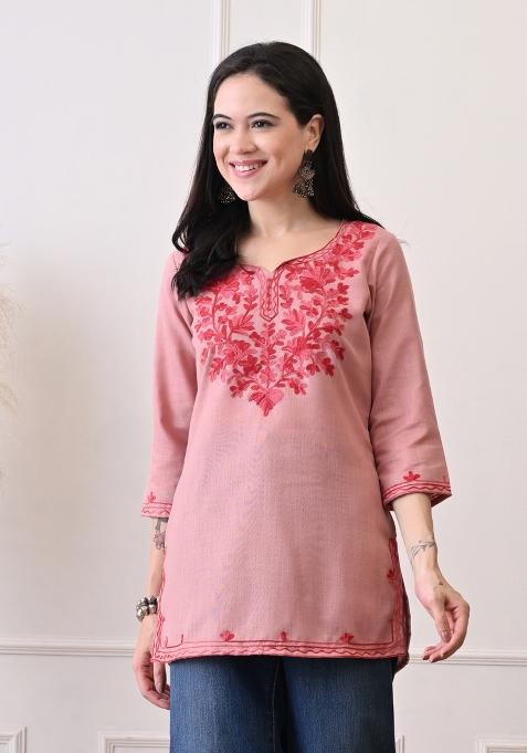 Peach Embroidery Cotton Kurti
