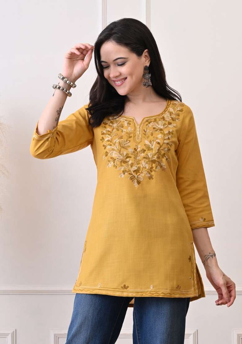 Mustard Embroidered Cotton Kurta - Indya