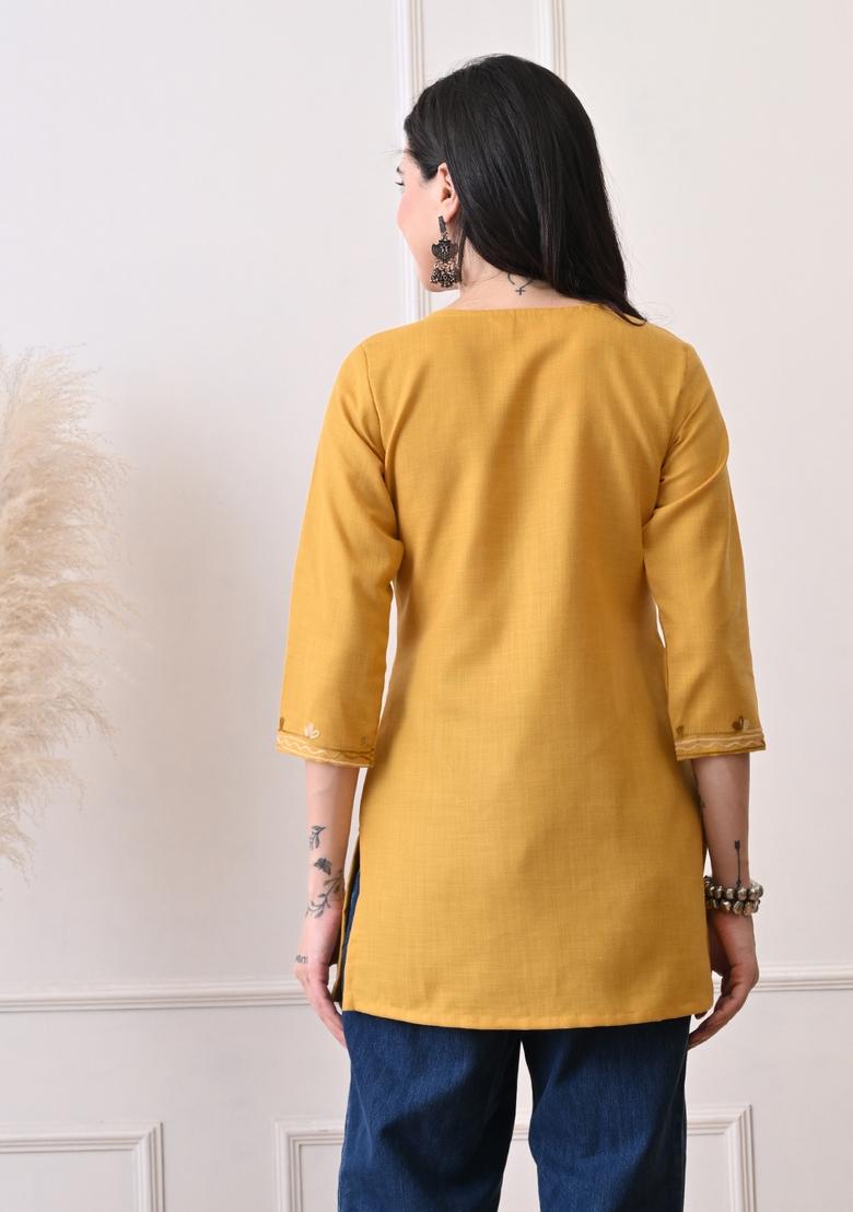 Mustard Embroidery Cotton Kurti - Indya