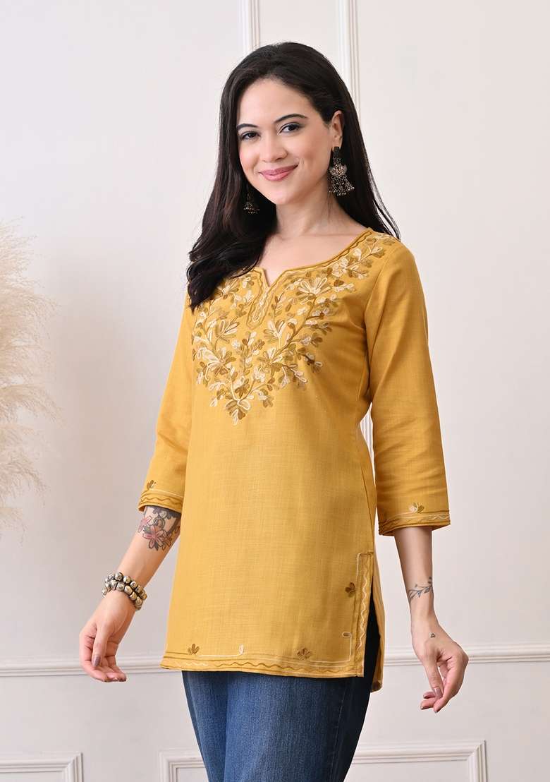 Mustard Embroidered Cotton Kurta - Indya