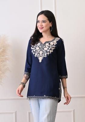 Blue Embroidery Cotton Kurti