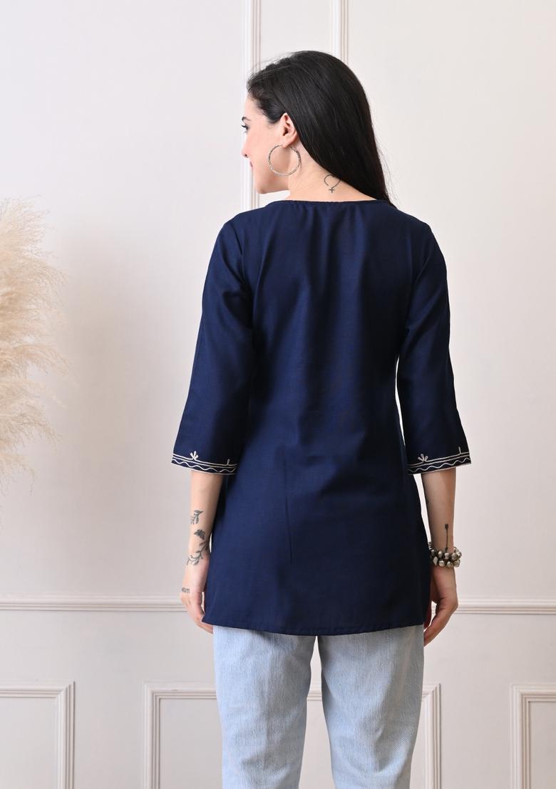 Blue Embroidery Cotton Kurti - Indya