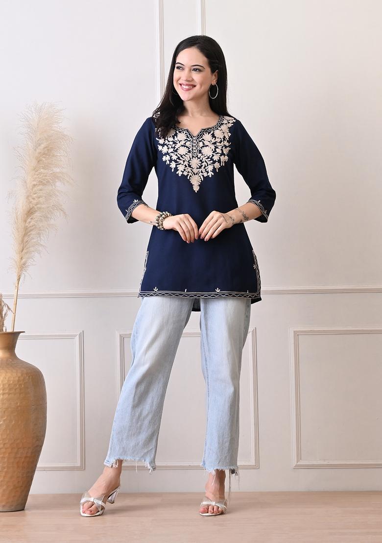 Blue Embroidery Cotton Kurti - Indya