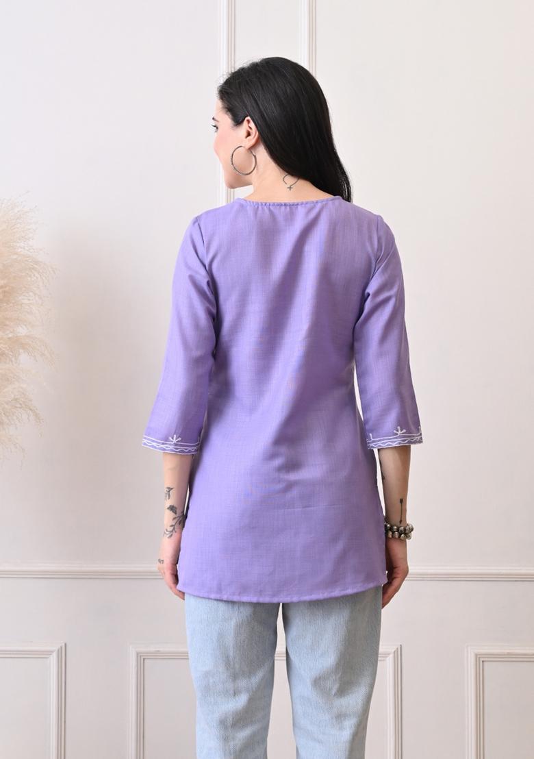 Lavender Embroidery Cotton Kurti - Indya