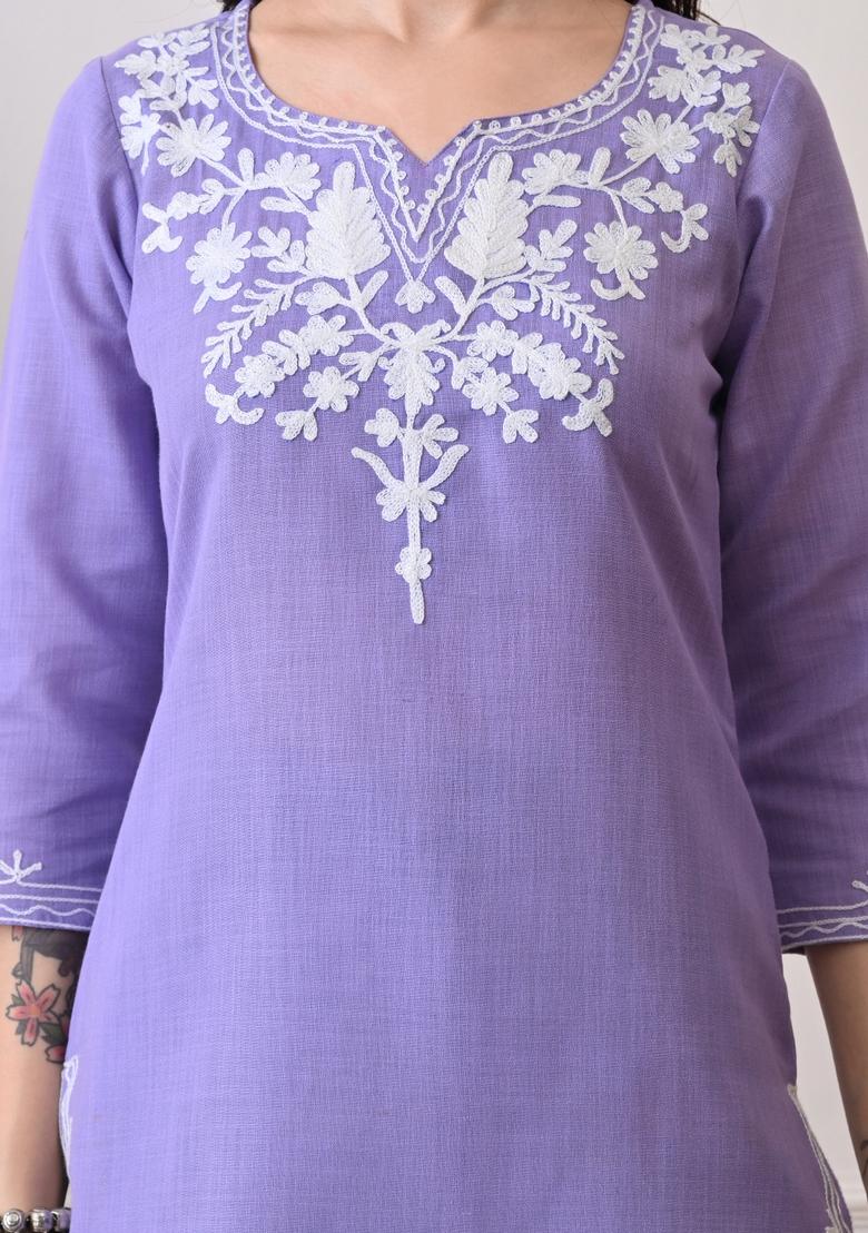 Lavender Embroidery Cotton Kurti - Indya