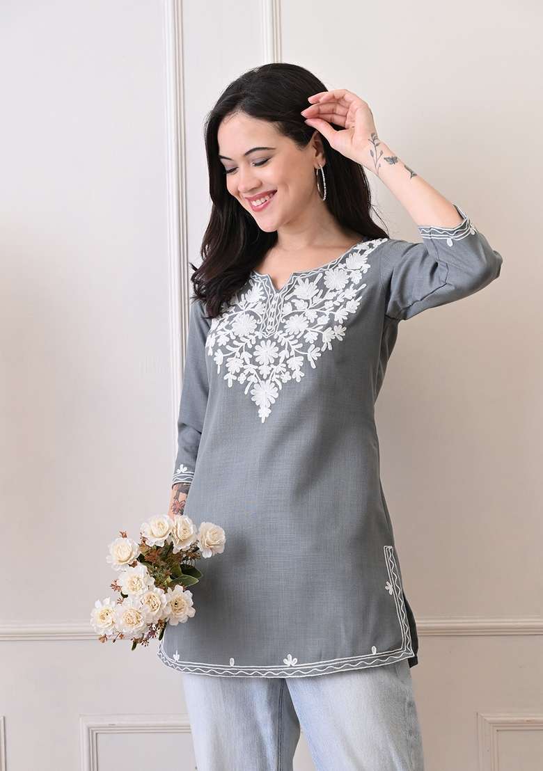 Grey Embroidered Cotton Kurta - Indya