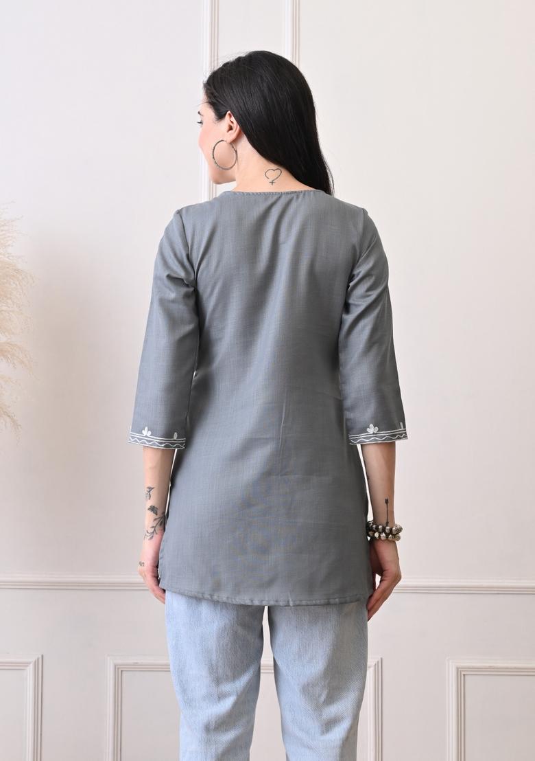 Grey Embroidery Cotton Kurti - Indya