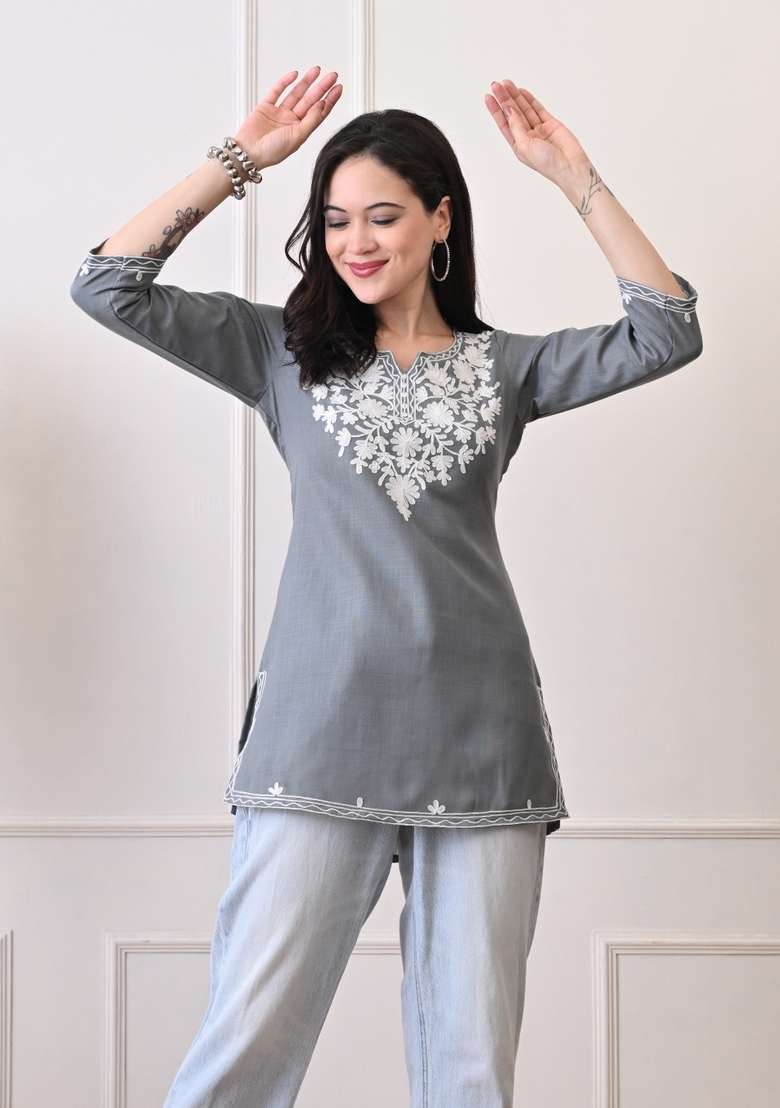 Grey Embroidered Cotton Kurta - Indya