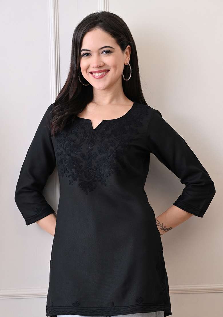 Black Embroidered Cotton Kurta - Indya
