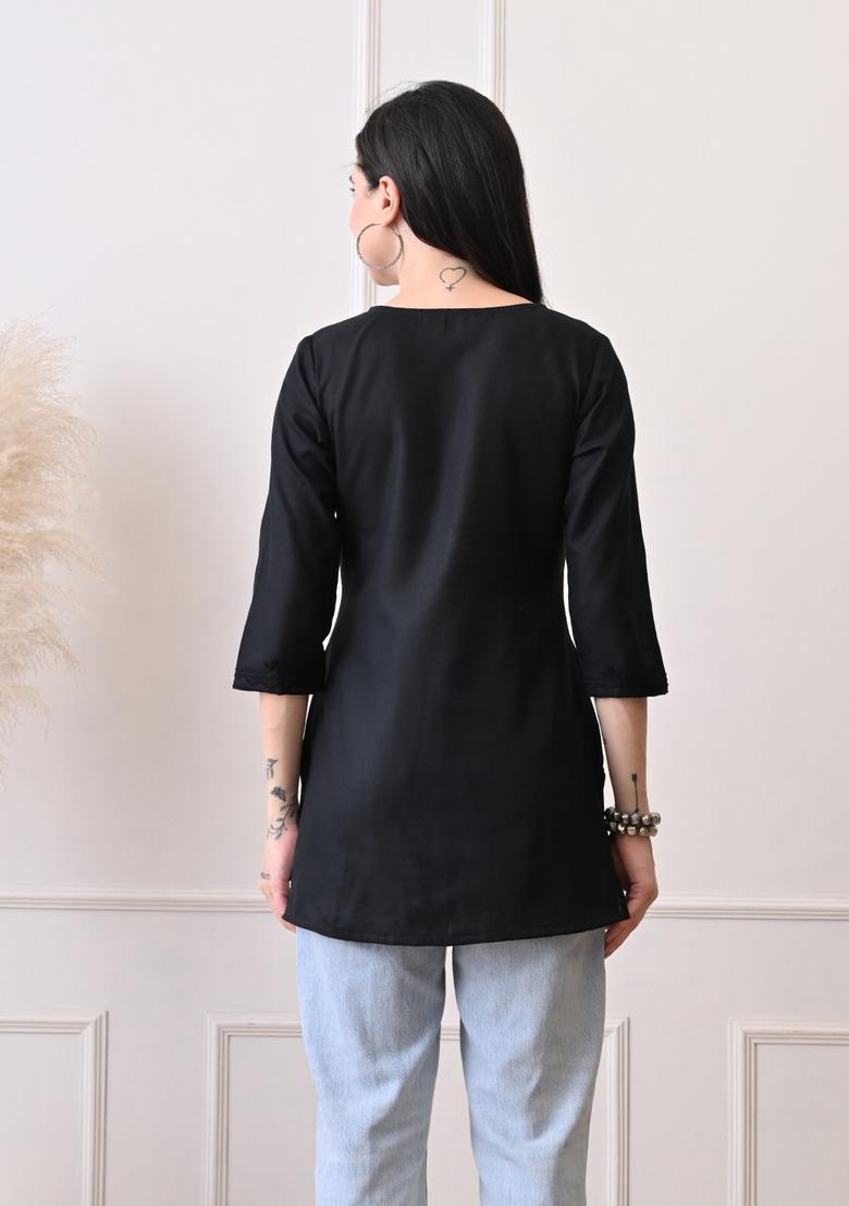 Black Embroidery Cotton Kurti - Indya