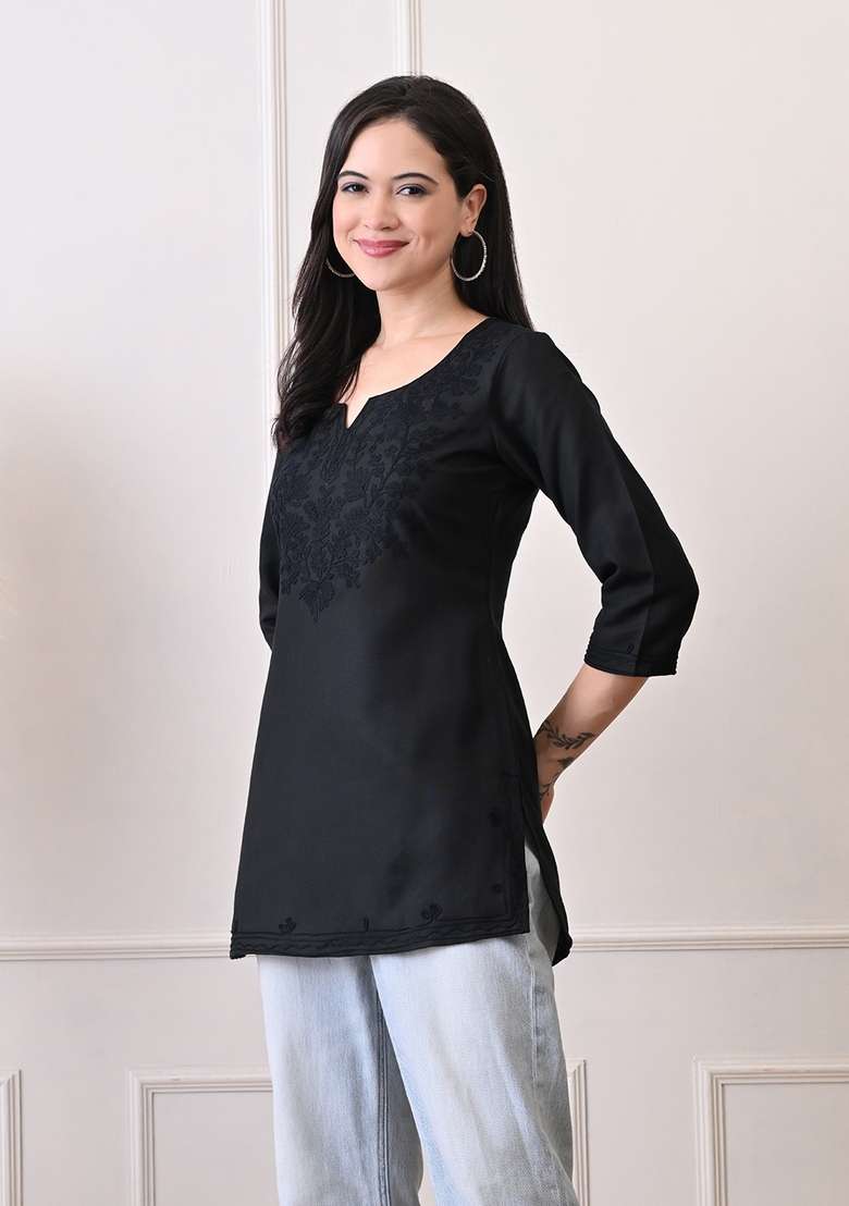 Black Embroidered Cotton Kurta - Indya