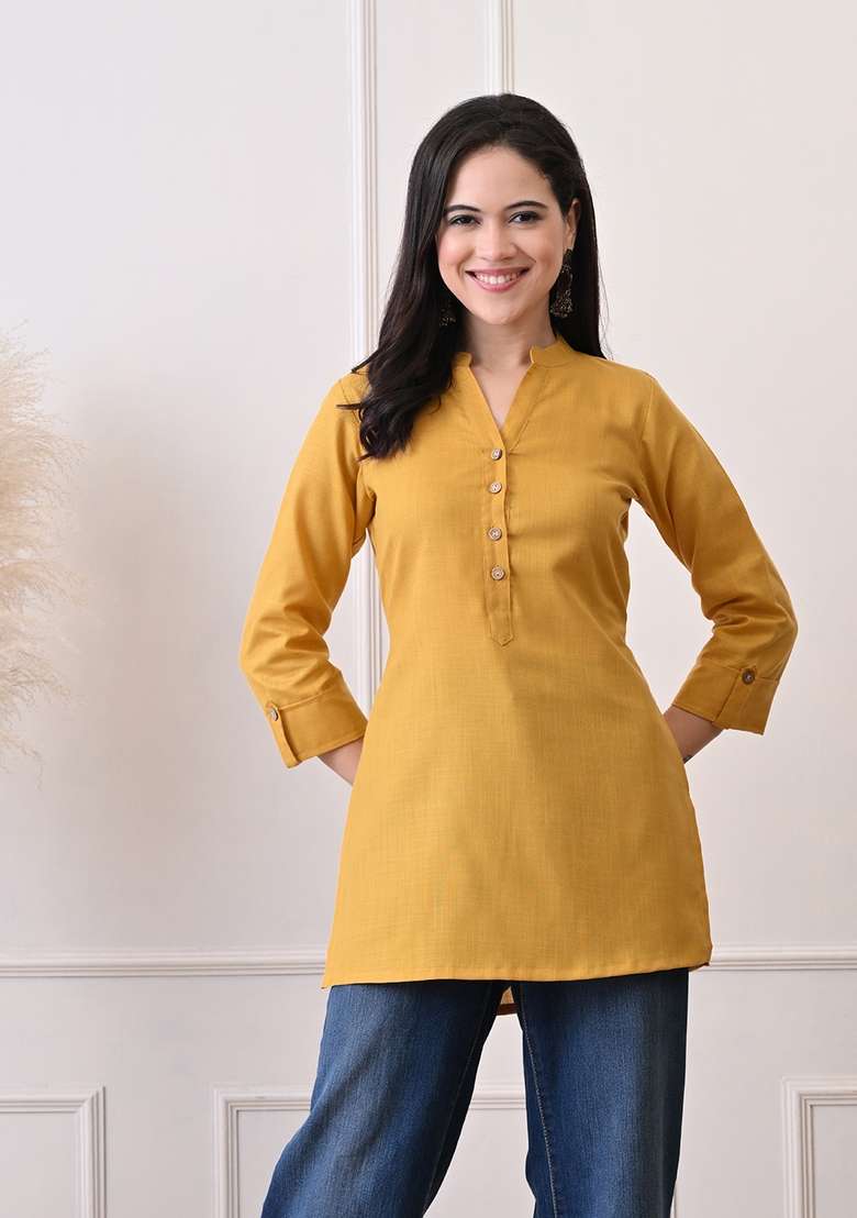 Mustard Solid Cotton Kurta - Indya
