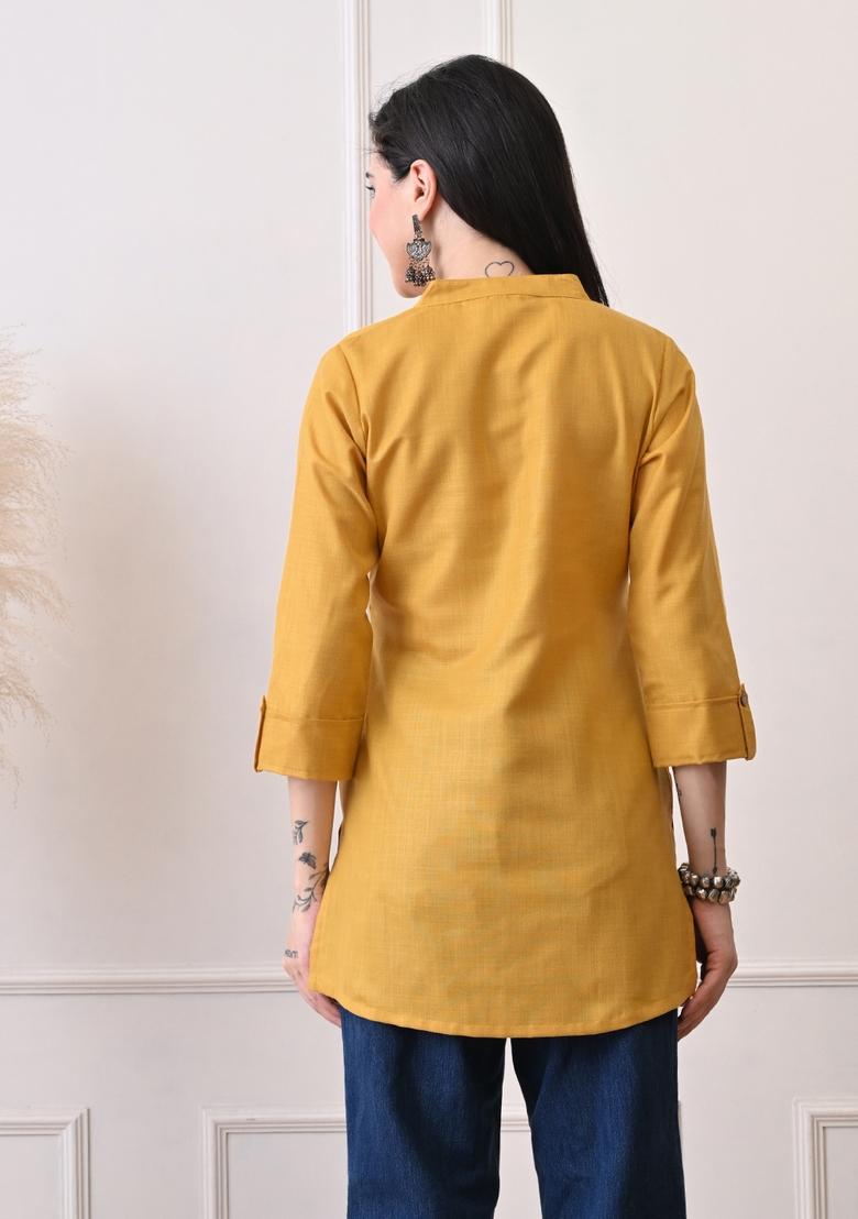 Mustard Embroidery Cotton Kurti - Indya