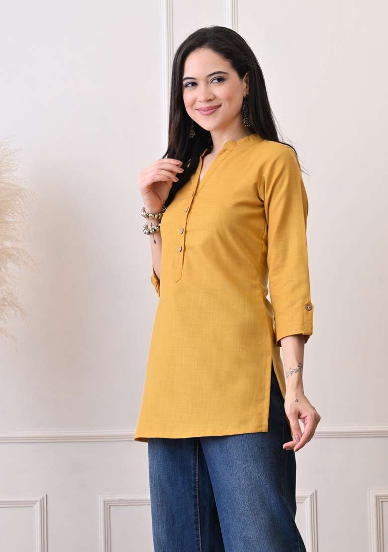 Mustard Solid Cotton Kurta - Indya