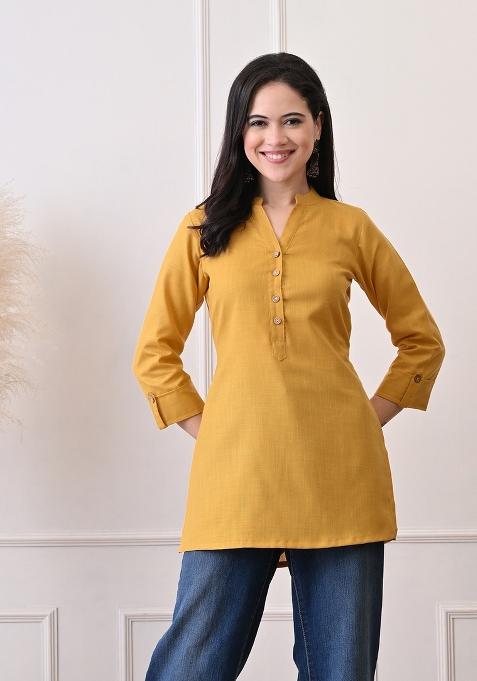 Mustard Embroidery Cotton Kurti