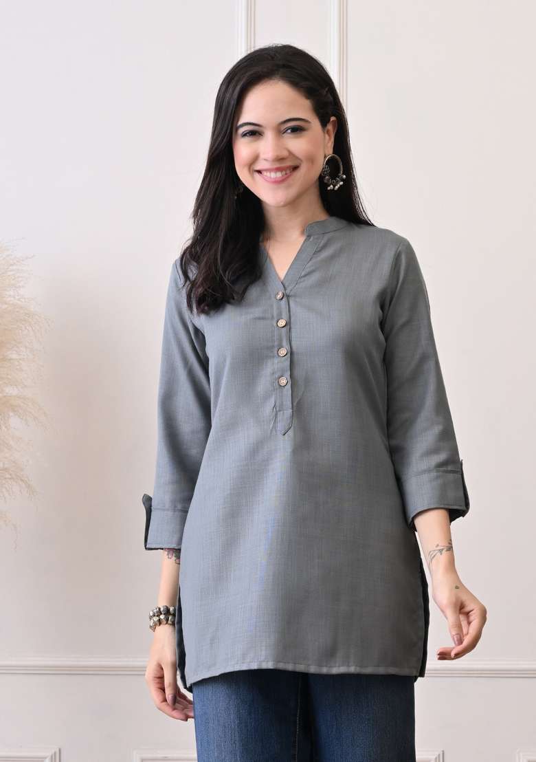 Grey Solid Cotton Kurta - Indya