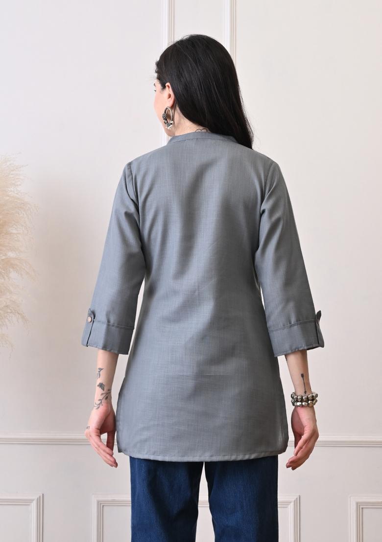 Grey Embroidery Cotton Kurti - Indya