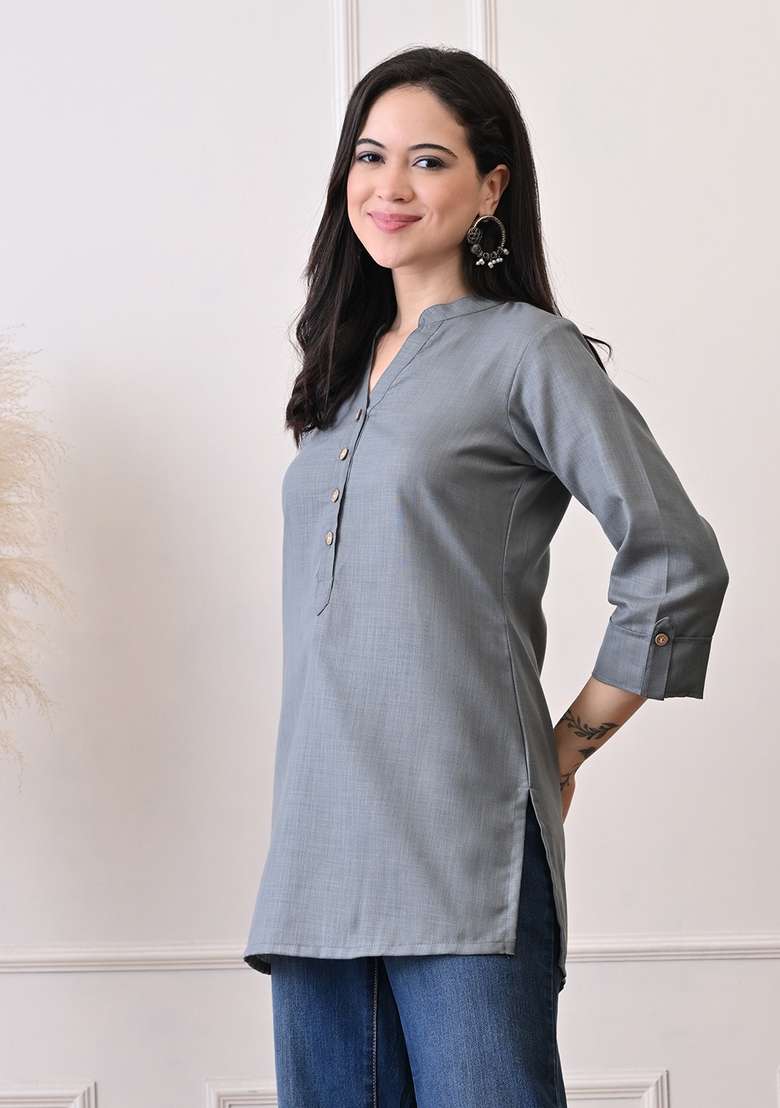 Grey Solid Cotton Kurta - Indya