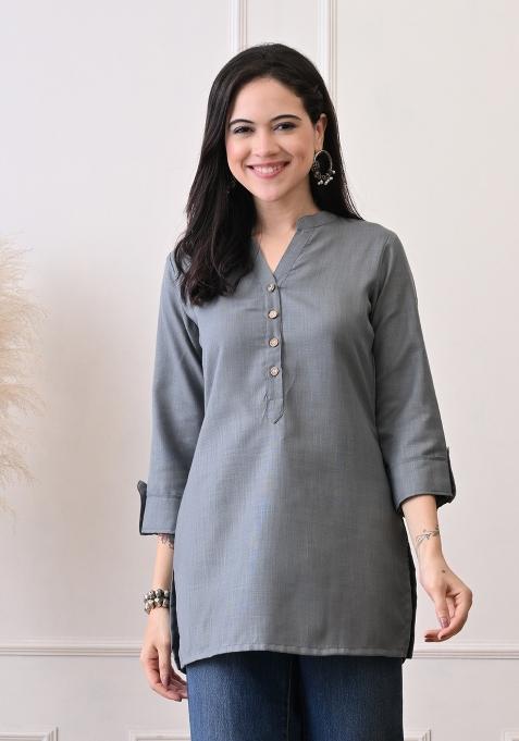 Grey Embroidery Cotton Kurti