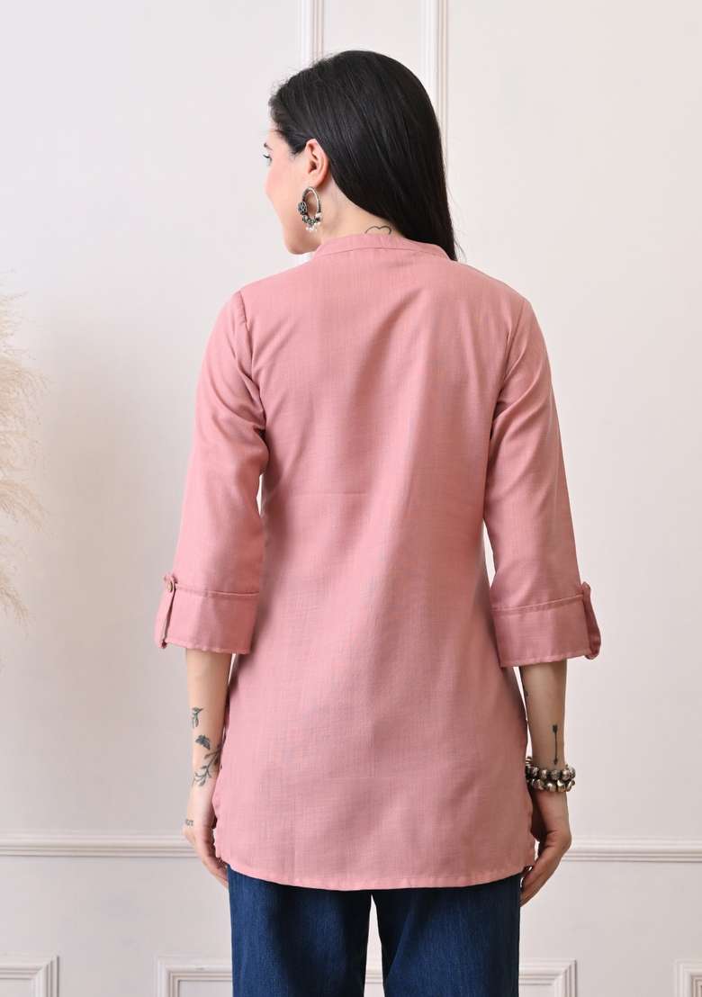 Peach Solid Cotton Kurta - Indya