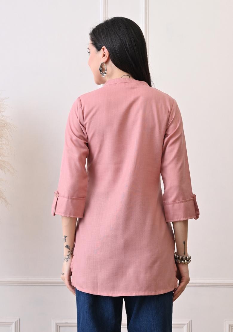 Peach Embroidery Cotton Kurti - Indya