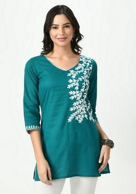 Blue Embroidery Cotton Kurti