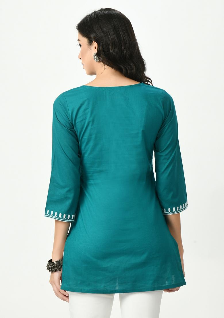 Blue Embroidery Cotton Kurti - Indya