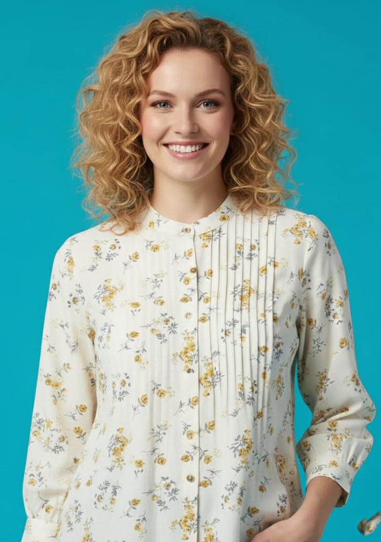 Cream Printed Rayon Kurta - Indya