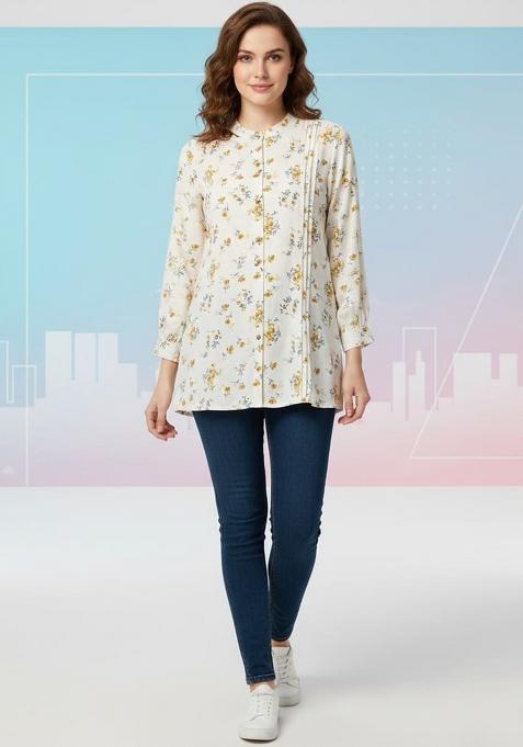 Cream Printed Rayon Kurta