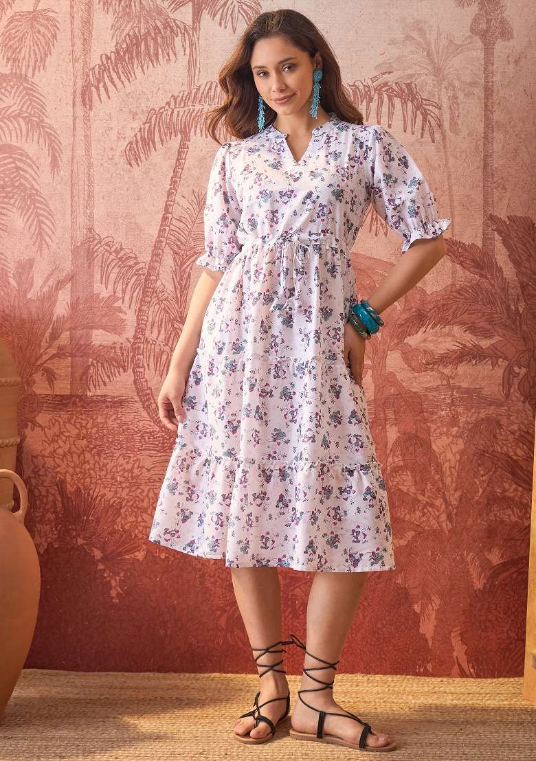 Off White Floral Print Polyester Kurta - Indya