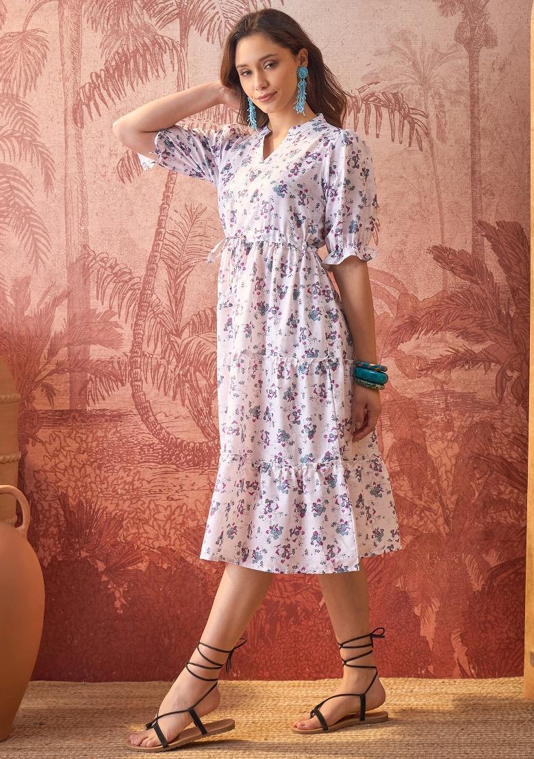 Off White Printed Polyester Tunic - Indya