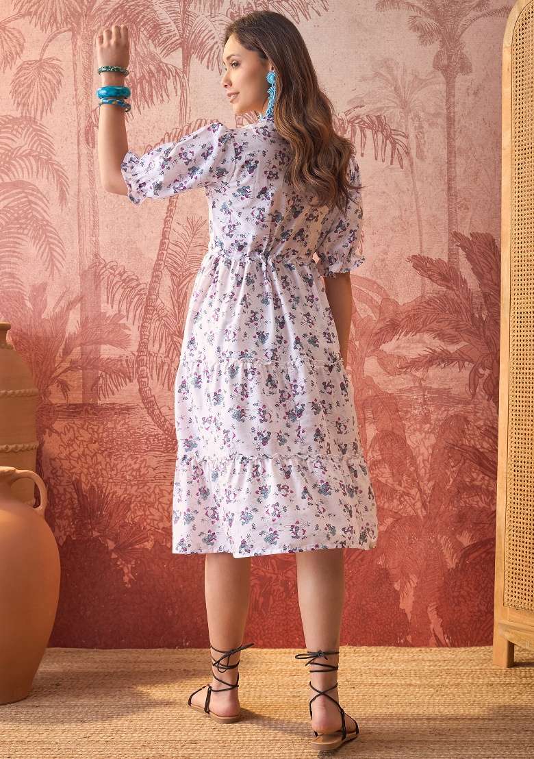 Off White Floral Print Polyester Kurta - Indya