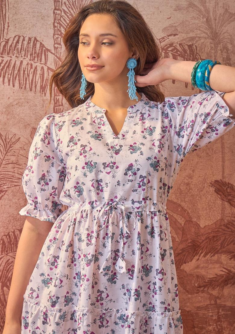 Off White Printed Polyester Tunic - Indya